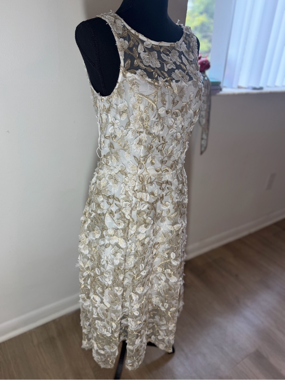 Adrianna Papell Ivory Midi Dress with Gold Floral Embroidery - Picture 2 of 10